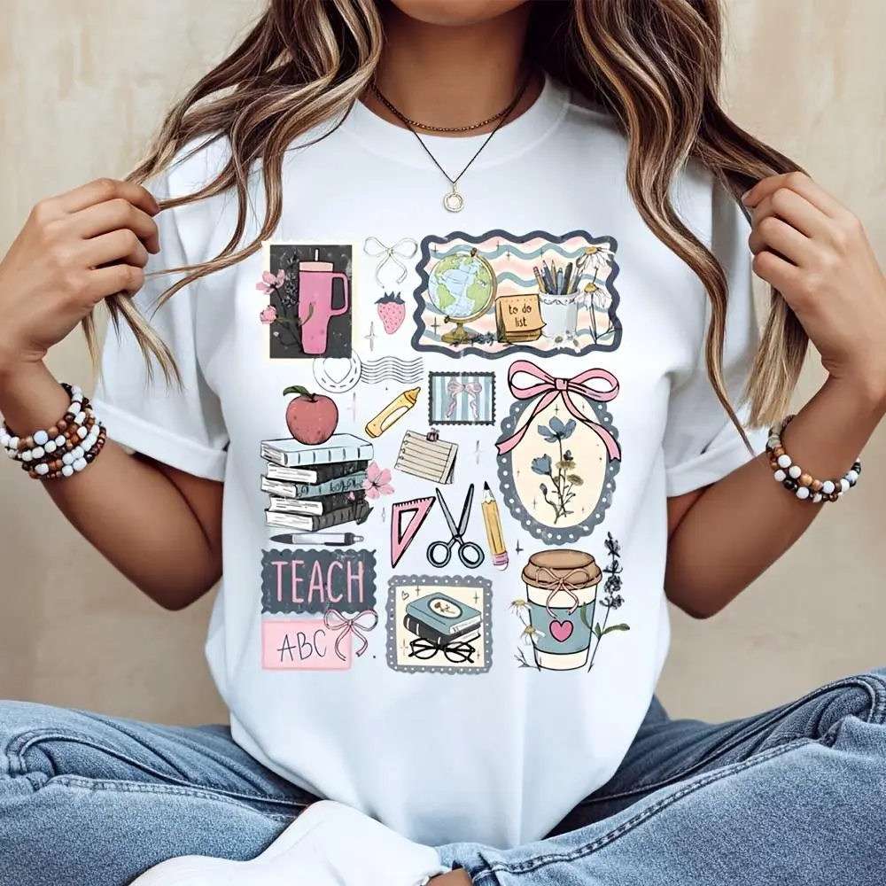 School Supplies And Teacher Elements Print T-Shirt, Back To School Education Theme, Classroom Teaching Gift For Women
