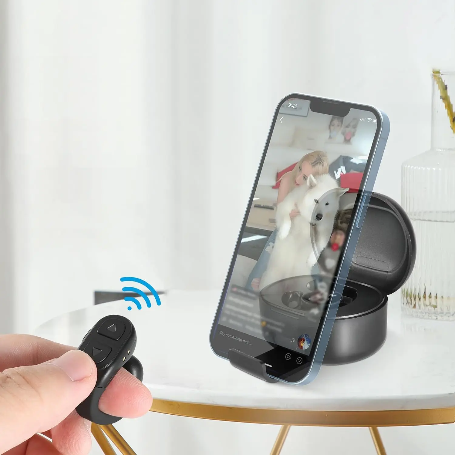 Wireless Compact Scrolling Ring Remote, Bluetooth Page Turner with USB-C Charging, Hands-Free Control for iPhone/Android/iPad, Includes Phone Stand