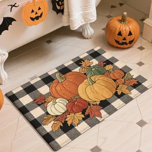 1pc retro countryside style bathroom carpet with black and white checkered pumpkin floor mat, Halloween themed creative door mat, soft and comfortable, foldable, suitable for bathroom, hallway, bedside, rental house home decoration floor mat