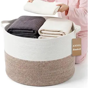 125L XXXXL Super Large Blanket Basket, 23.6"x16.9" Woven Rope Basket with Handle Large Laundry Hamper Toy Bin for Living Room(White & Brown)