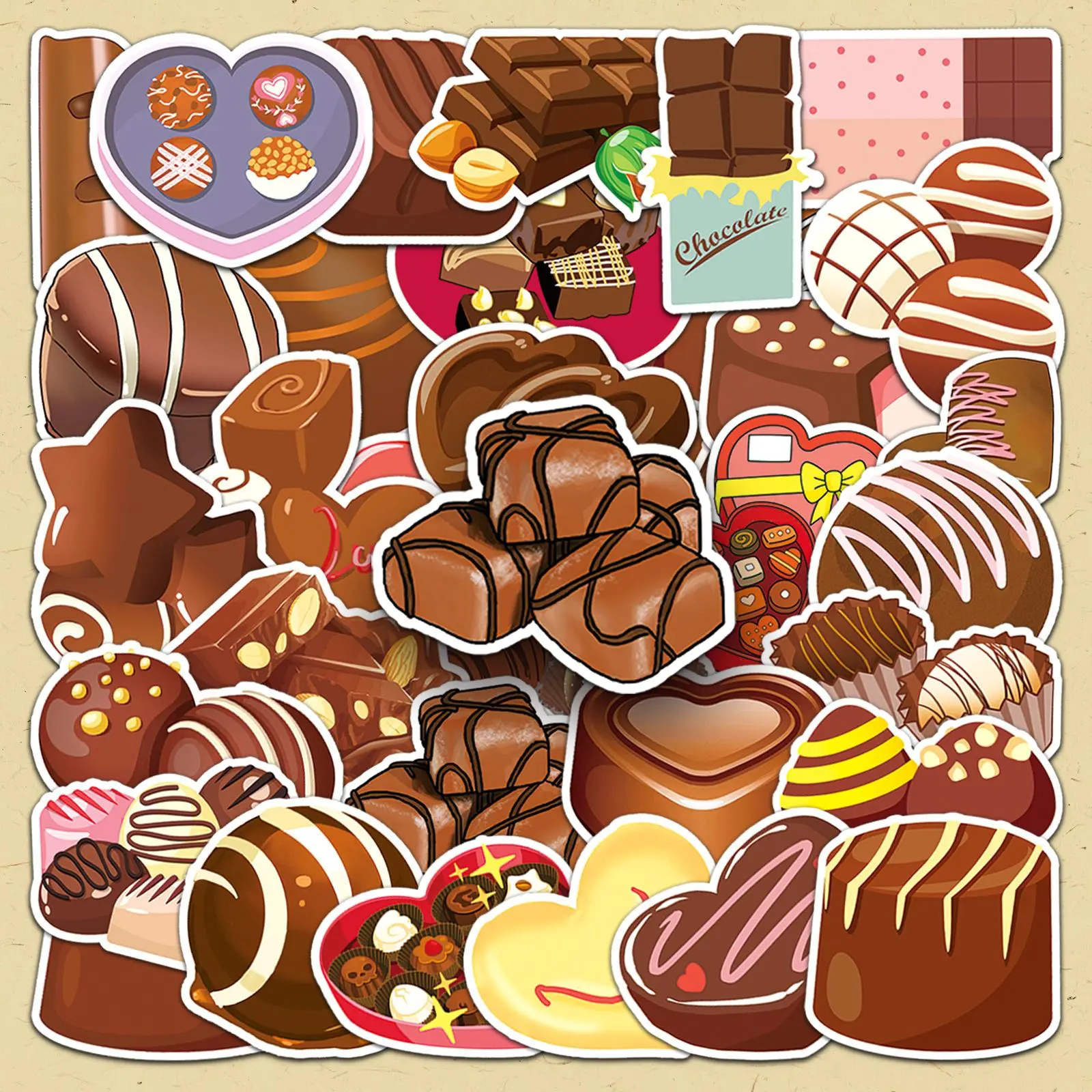 Chocolate Cartoon Dessert Pattern Sticker, 50pcs/set Cute Decorative Sticker, DIY Decals for Water Bottle, Laptop, Phone Case, Scrapbooking, Journal Making