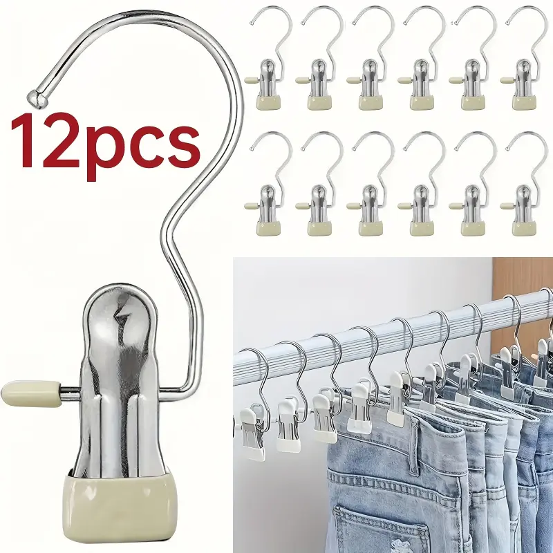 12PCS Space-Saving Stainless Steel Hangers | 360 Rotatable Laundry Clips | Multi-Use Closet Organizers for Home & Travel | Hanger with Clips