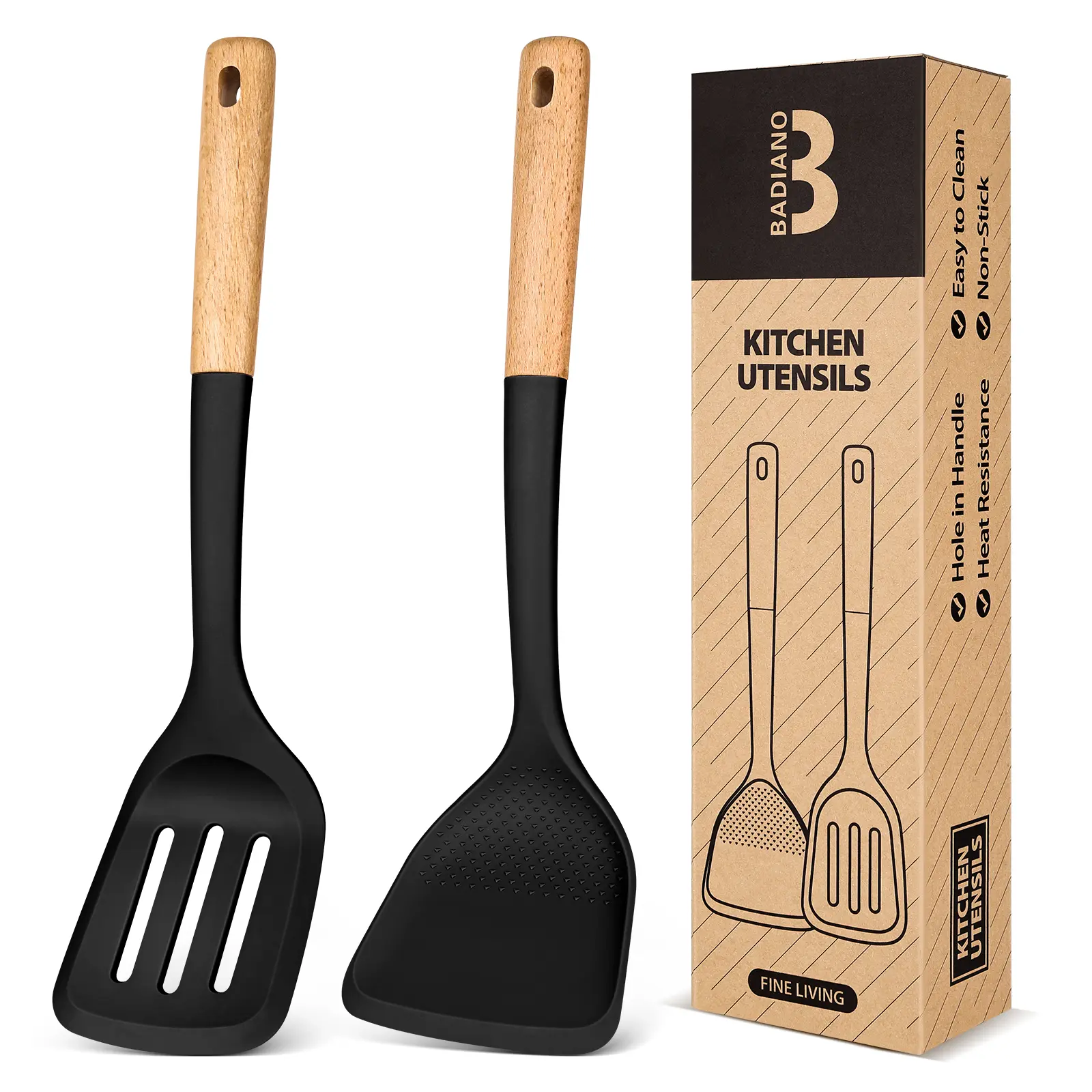 Silicone Wok Spatula Turner Set, Perfect for Scooping, Flipping, Lifting Pancakes and Picking up Veggies, BPA-Free Matte Silicone, Wooden Handles, Safe for Nonstick Cooking Surfaces
