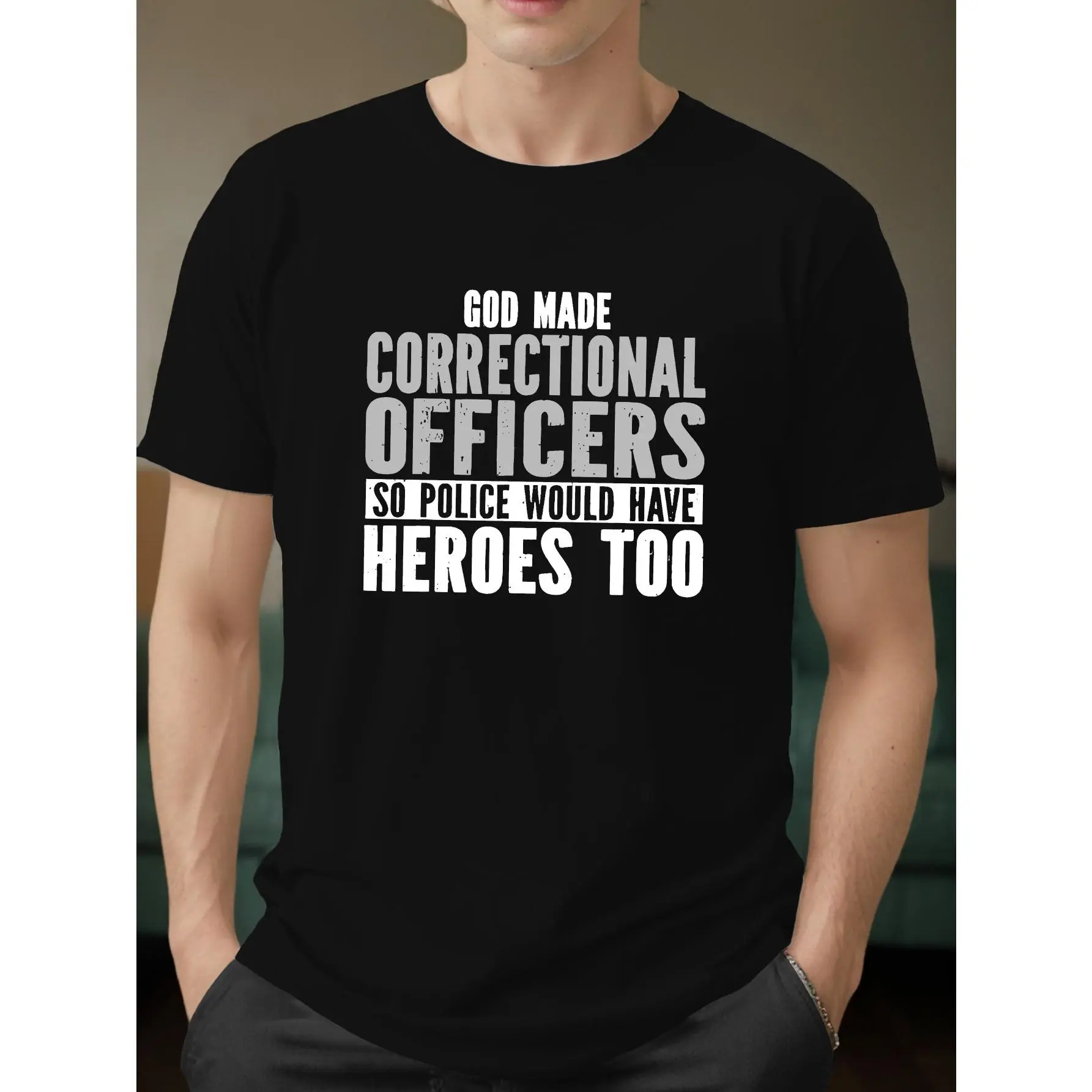 Unisex Crewneck Black T-Shirt "God Made Correctional Officers" Funny Prison Guard Humor Casual Tee