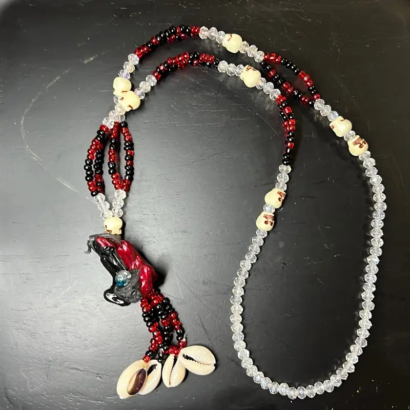 Red-Black Santa Muerte Alloy Rosary Necklace, Gothic Charm Pendant for Female Daily Wear, Designed for Reverse Witchcraft Spiritual Significance
