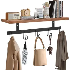 Wall Mounted Coat Rack with Wooden Shelf, Heavy Duty Wall  Storage with 5 Metal Hooks for Bathroom, Entryway, Living Room, Bedroom (Black)
