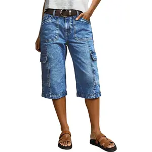 Flamingals Wash Flap Pocket High Waist Straight Leg Capri Jeans Without Belt Stretchy 15.0'' Inseam