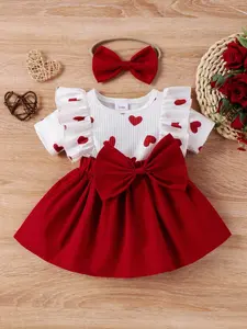Baby Girl Sweet Romantic 2-Piece Set, Heart Print Patchwork Large Bow Skirt Princess Dress, Includes Matching Bow Hairband