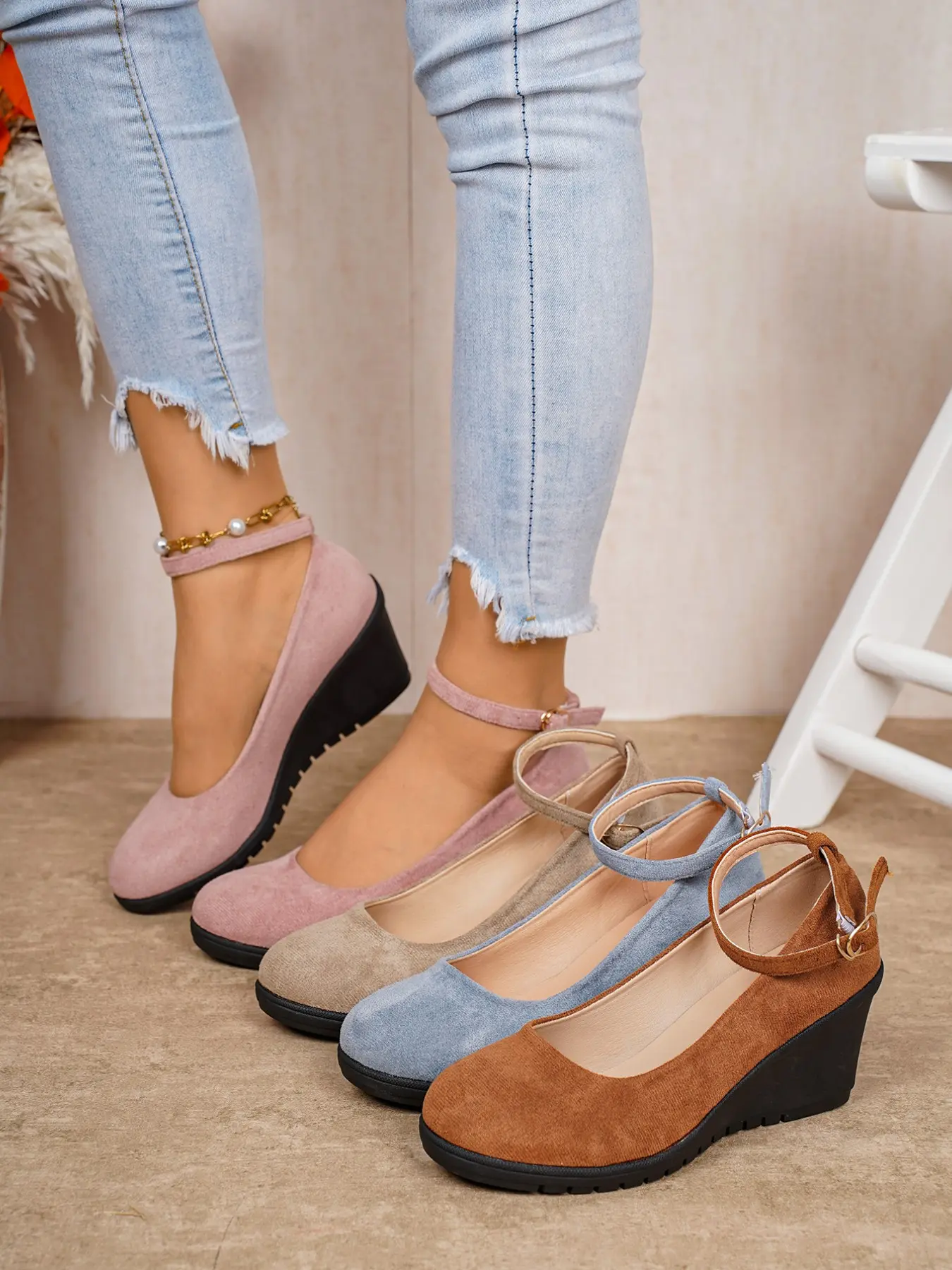 Women's Vintage Wedge Heels Mary Jane Shoes, Velour Buckle Design, Stylish, Classy, Multiple Colors Available, Commuter Height Increase, Casual All-Season Footwear