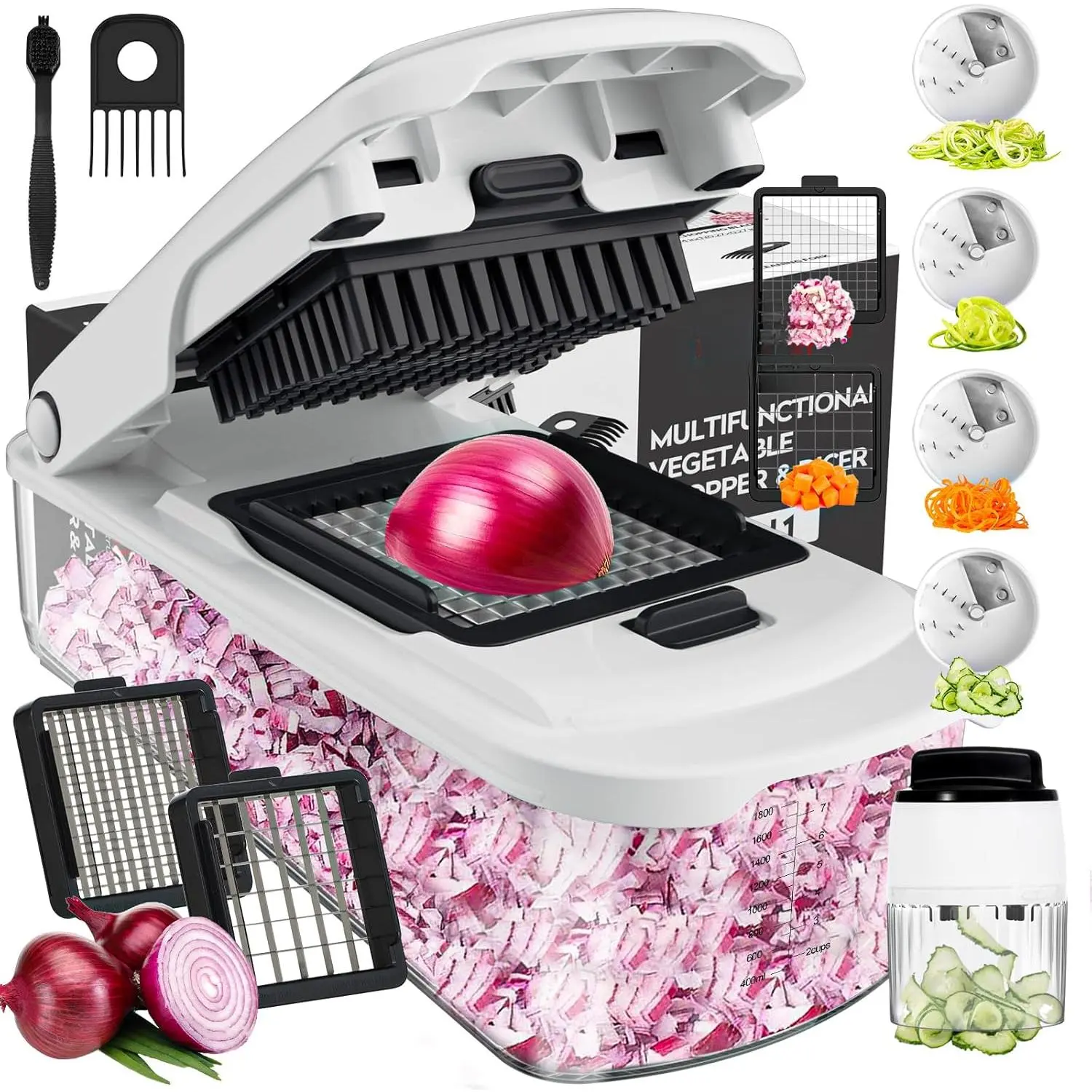 Sturdy BPA-Free Food Grade Stainless Steel Kitchen Utensil Multifunctional Food Chopper - Handheld 8-Blade Onion/Carrot Cutter Dicer, 6-Blade Veggie Slicer Spiralizer, Container-Included for Home Cooking Preparation, Saves Space