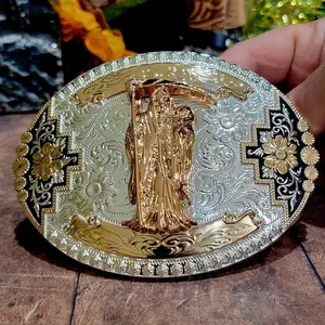 Santa Muerte Belt Buckle Cowboy Design with Centre Holy Death figure High-Quality Zinc Alloy, Silver,  and Rosetone.