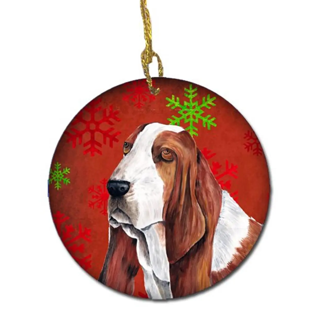 Basset Hound Red Snowflakes Holiday Christmas Ceramic Ornament