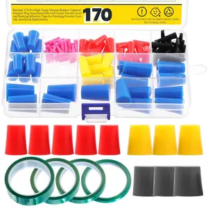 170 Pcs High Temp Silicone Rubber Tapered Stopper Plug Assortment Kit with Green Powder Coating Masking Adhesive Tape for Painting, Powder Coating, Anodizing Applications