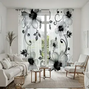 2Pcs Black White Flower Sheer Curtains, Floral Printed Rod Pocket Window Voiles, Modern Minimalist Light Filtering Panels for Living Room Bedroom Home Decor, Durable Coverings.