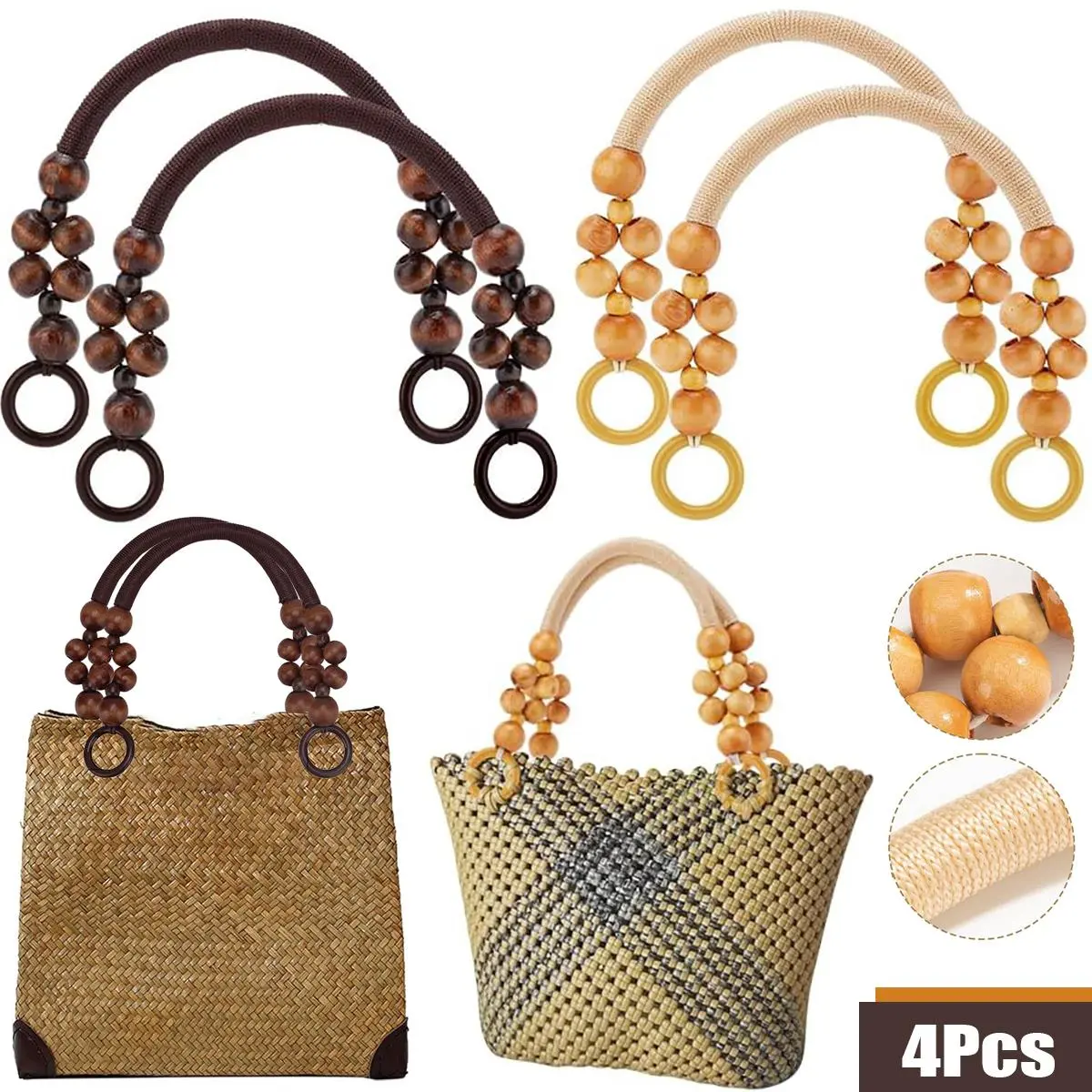 Wooden Beaded Purse Handle, Replacement Handles for Beach Bags, DIY Handbag Accessory, Tote Bag Accessories for Women & Girls, Bag Decoration
