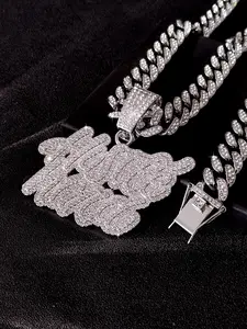 Street Fashion Sparkling Blingbling Double-Row Letter Pendant Necklace, Cuban Link Chain for Men Women, Iced Out Daily Wear Gift