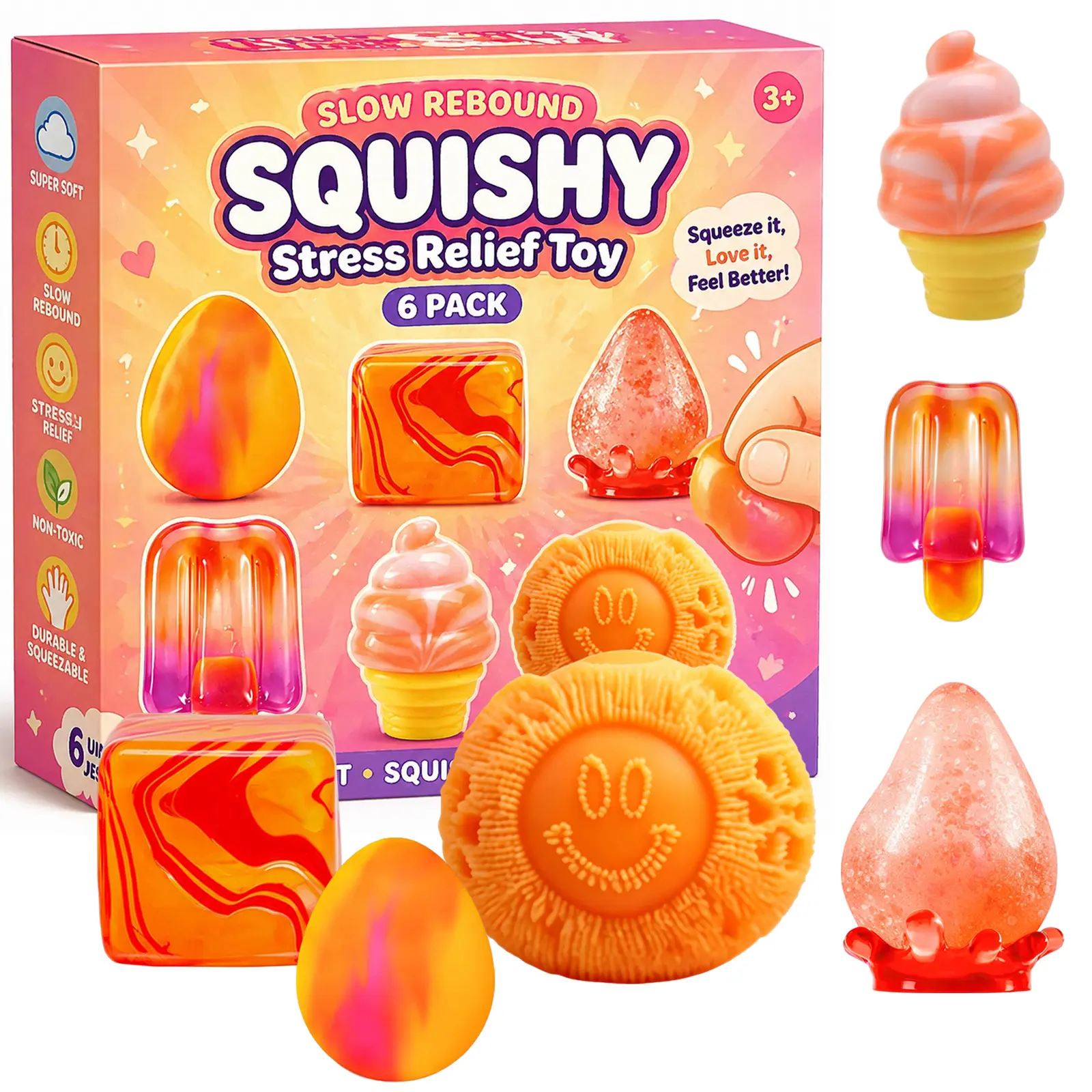 6-Piece Malt Sugar Squishy Toys Set, Slow-Rebound Stress Relief Fidget Toys, Assorted Styles Sensory Bundle, Perfect Party & Birthday Gift for Kids & Adults, Desktop Collection