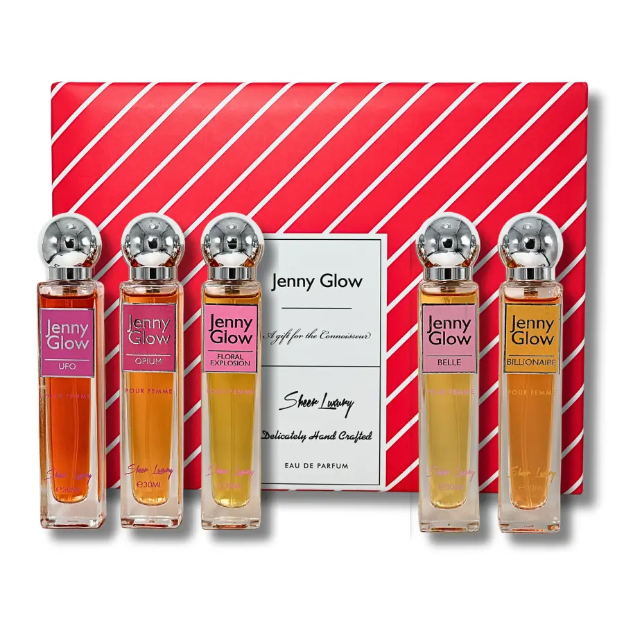 Jenny Glow 5-Piece EDP Fragrance Sets for Adults, Scented Perfume Sampler with Spicy & Floral Notes, Multi-Pack Collection (5 x 1.0 fl oz), Edp Spray, Perfume Sampler Set, Flowers, Belle, Ufo, Liquid