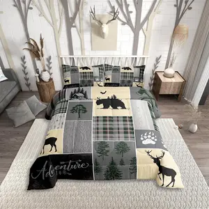 Feelyou Christmas Farmhouse Cabin Comforter Set - Country Bear Deer Grid Claw Wildlife Rustic Patchwork Bedding, Women's Woodland Decorative Bedroom Duvet Insert Set, Bedroom Bedding Set, Decorative Bedding Set