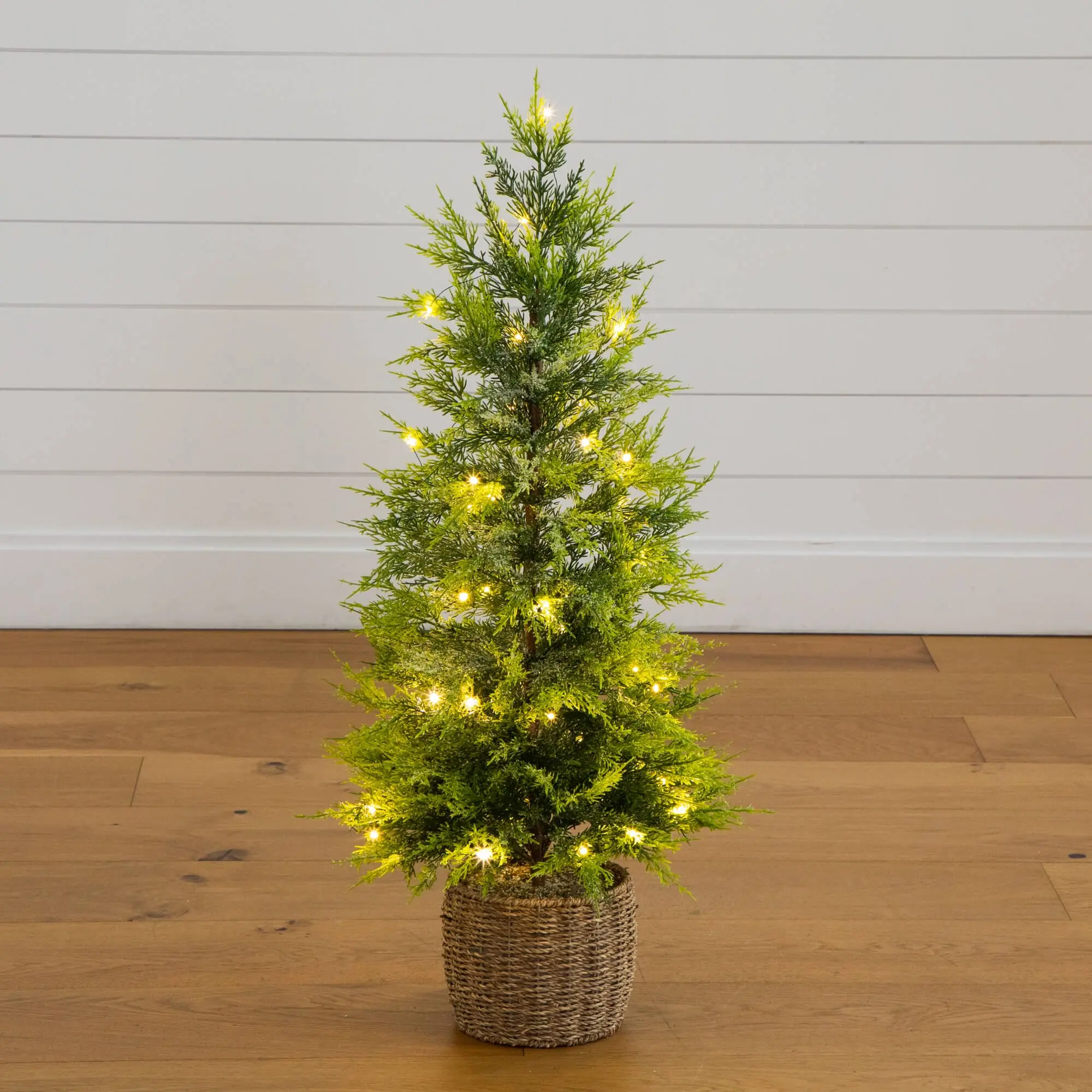 3ft Farmhouse Standing Pre-Lit Magical Artificial Lightly Snowed Cypress Christmas Tree, 32-in, 38 Warm White LED Lights, Cordless Battery-Operated, Decorative Weaved Basket Base - Holiday Decoration for Home, Batteries