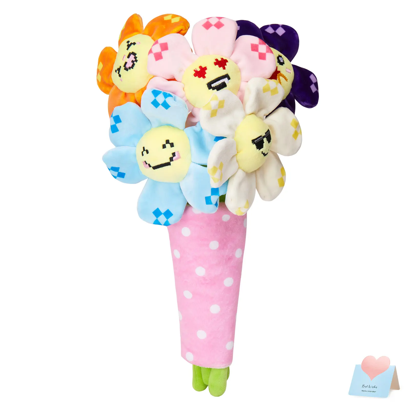 WEWILL 7-Piece Kawaii Faces Stuffed Toy Bouquet Set, 15.4in Cute Flowers Huggable Plush, Ideal Warm Gift for Girls