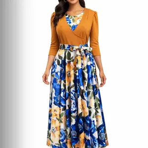 Satin Dress with Army Green Top & White Floral Skirt - Elegant V-neck Puff Sleeve Design