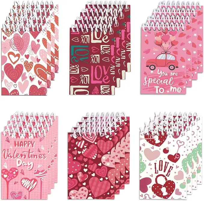 24 Pack Mini Valentine's Day Notepads, Assorted Heart Spiral Notebooks for Kids Valentine's Day Class School Gift Exchange Goodie Bag Stuffers Filler Supplies