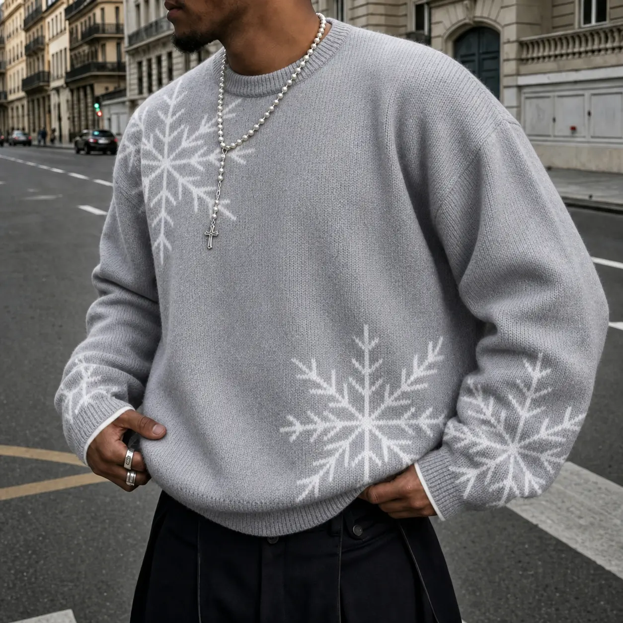 Men's Crew Neck Long-Sleeve Knitwear Tops - Elegant Stylish Baggy Snowflake Jacquard Pullover, Soft Knitting Fabric for Casual Winter Menswear