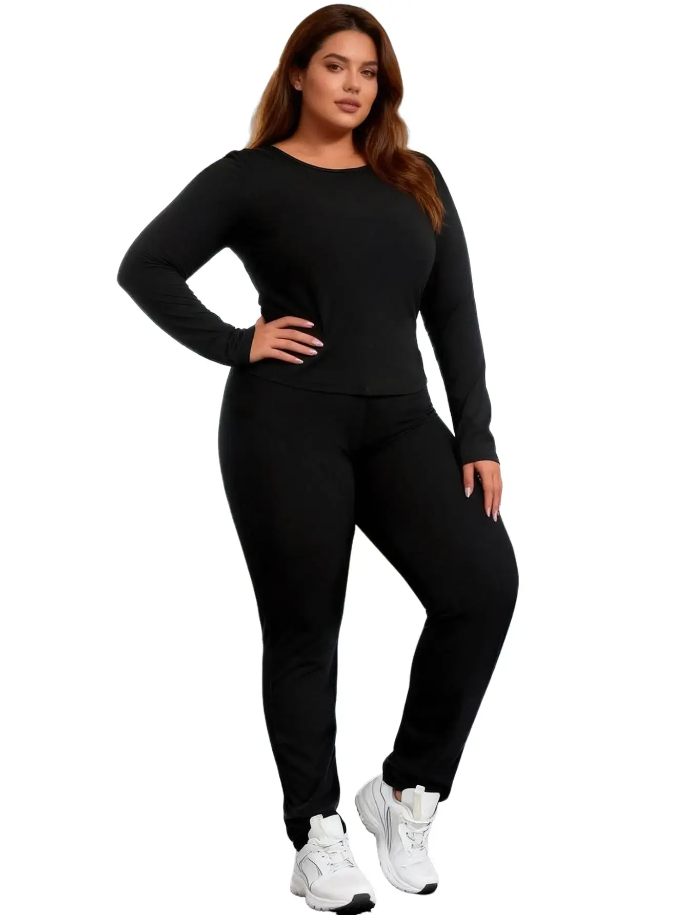 Women's Plus Size 2-Piece Sauna Sweat Suit - Long Sleeve Top, High Waist Long Pants Heat-Trapping Activewear with Tummy Control for Gym, Running