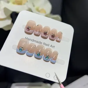 10pcs high-end Pink and blue double diamond mandarin duck style handmade fake nails, High-end ins style, a dazzling and