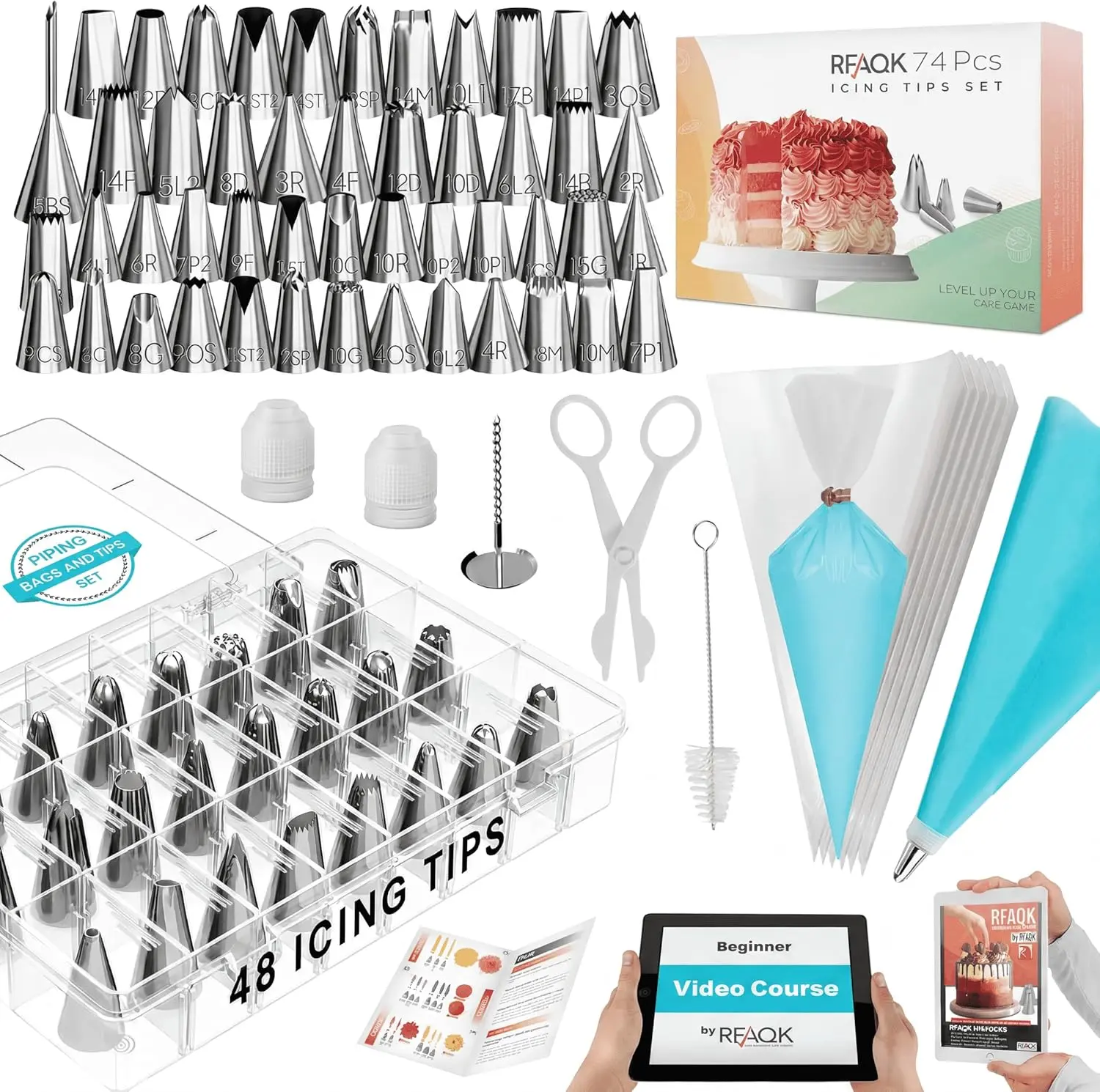RFAQK 74 PCs Icing Piping Bags and Tips Set, Cake Decorating Kit with 48-Numbered Piping Tips, Anti Burst Pastry Bags for Cookie Cupcake Cake Decoration,...