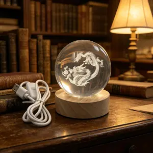 Majestic Dragon Crystal Ball Night Light, USB Base, 8.0cm/5.99cm, Decorative Gift for Men, Women, Teens, Elegant Home Decoration
