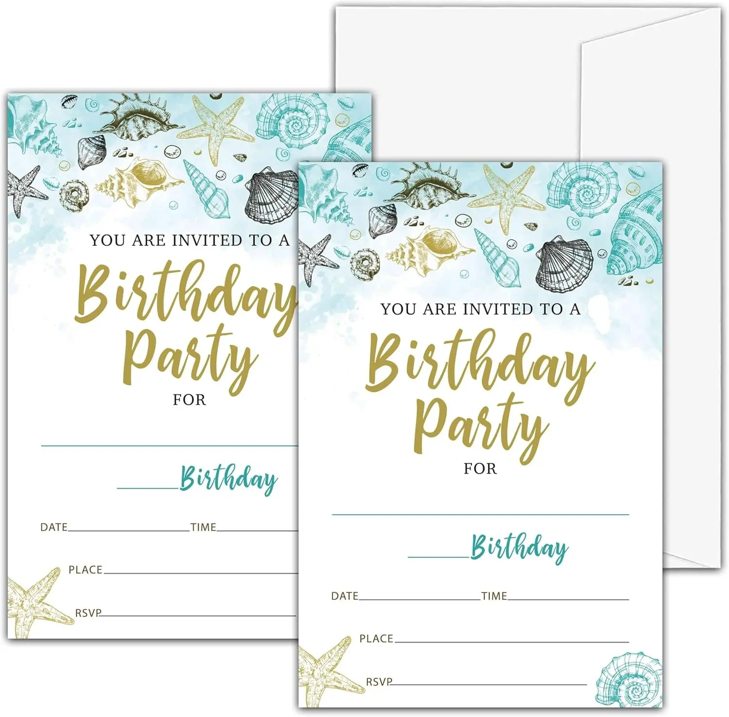 Beach Birthday Invitations For Boys Girls, Ocean Birthday Party Invitations, Birthday Party Fill In Invitation Cards, Summer Birthday Party Favor Supplies (20 Invites With 20 Envelopes) -A02
