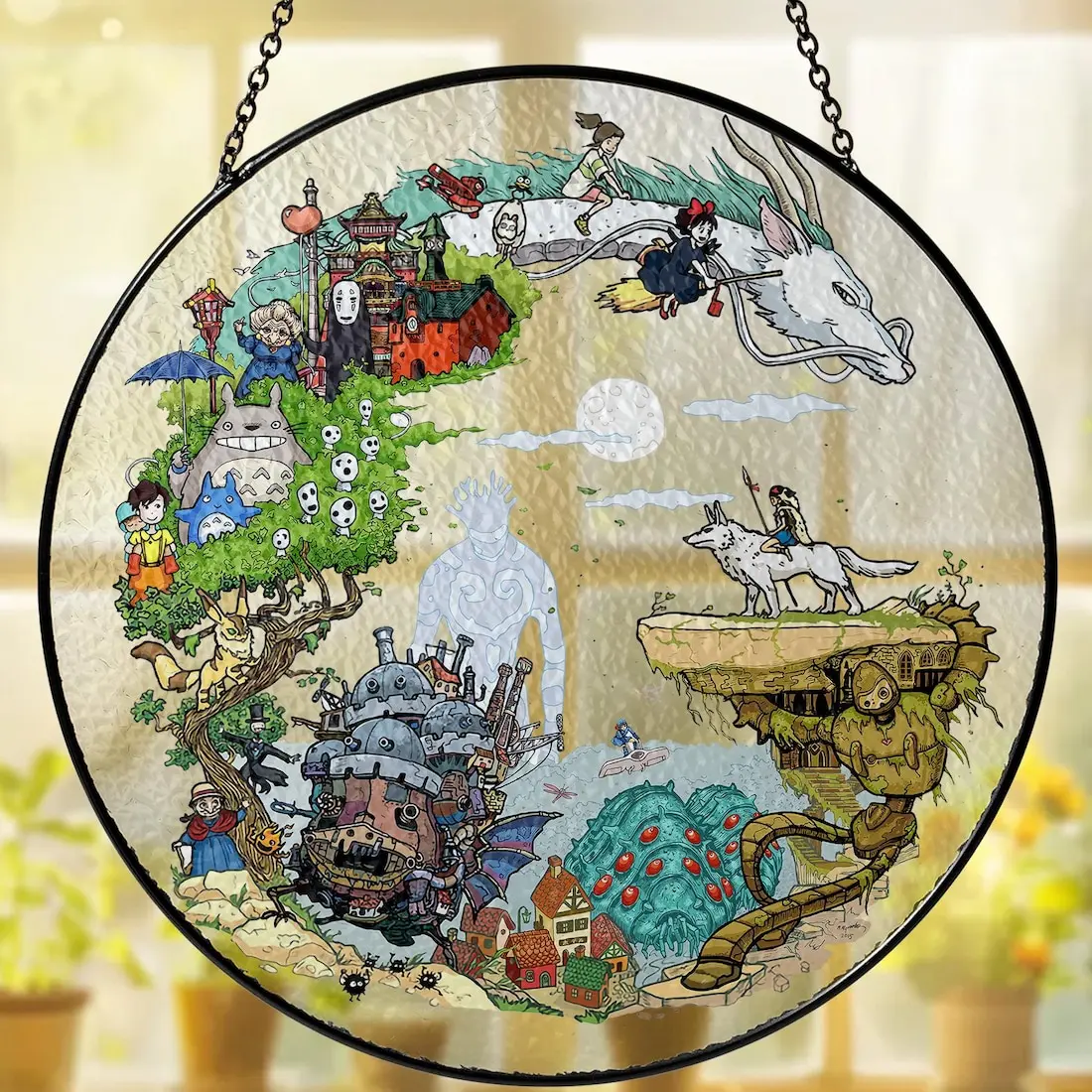 Studio Stained Glass Sun Catcher – Iconic Film Scenes Collection – Totoro, Spirited Away, Princess MononokeWhimsical Anime Window Art