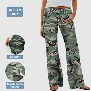 Flamingal Camo Print Dual Button Mid Rise Straight Leg Pants