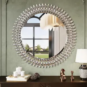 Round jeweled bathroom mirror for wall 32 inch modern wall mirror decorative mirror luxury vanity mirror diamond mirror for master bath half bath living room bedroom fireplace entryway