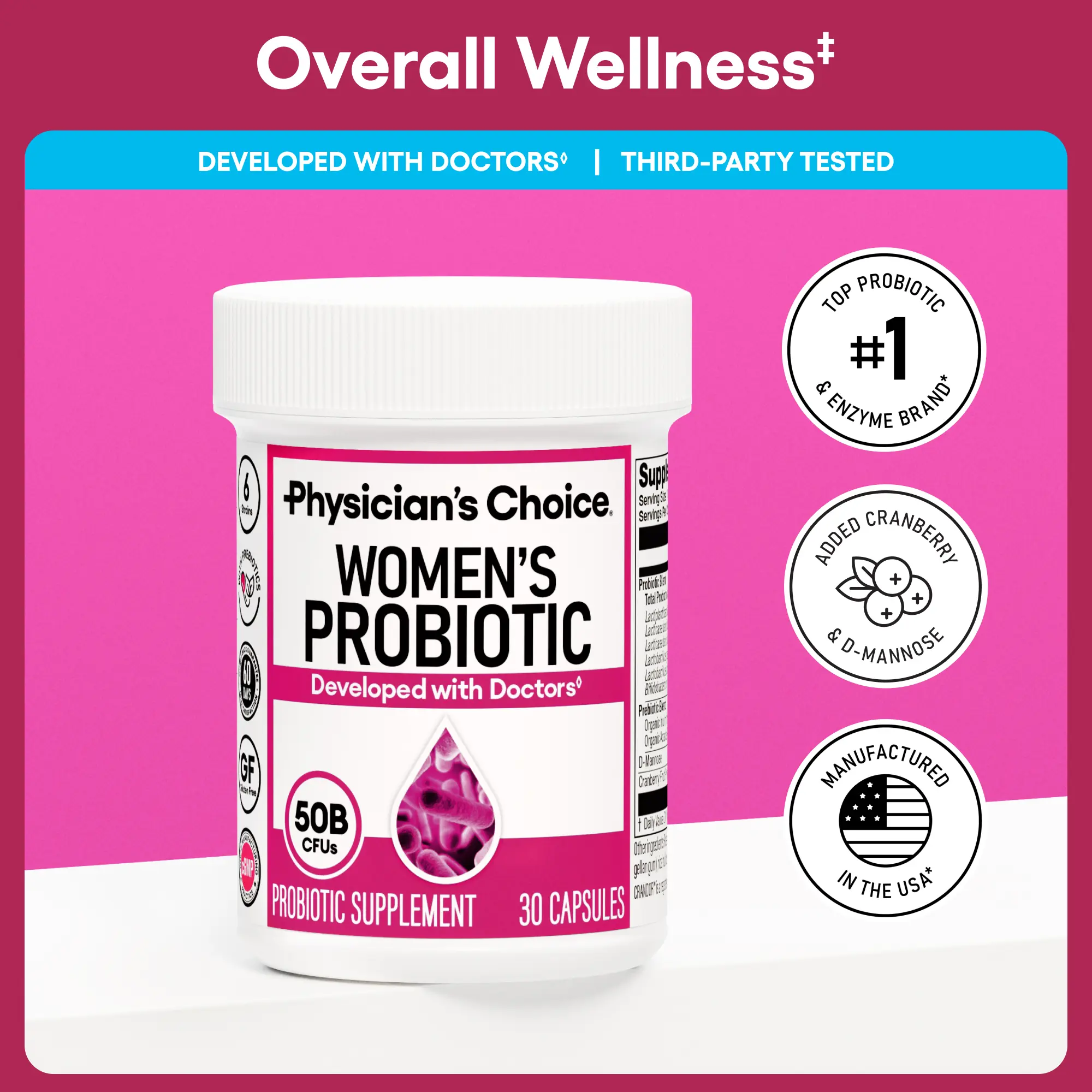 Physician's Choice Women's Probiotic Daily Digestive, Gut Health, Urinary Tract, and Immune Support for Women with 50B CFUs, Cranberry & Prebiotics