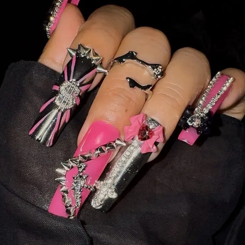 Unisex Hot Pink Gothic Handpainted Elongated Long Coffin Press-on Nails Set of 10, Handmade Punk Fake Nails Decorated with 3D Skeleton Charms, Metal Spikes, Crosses, Bows & Rhinestones