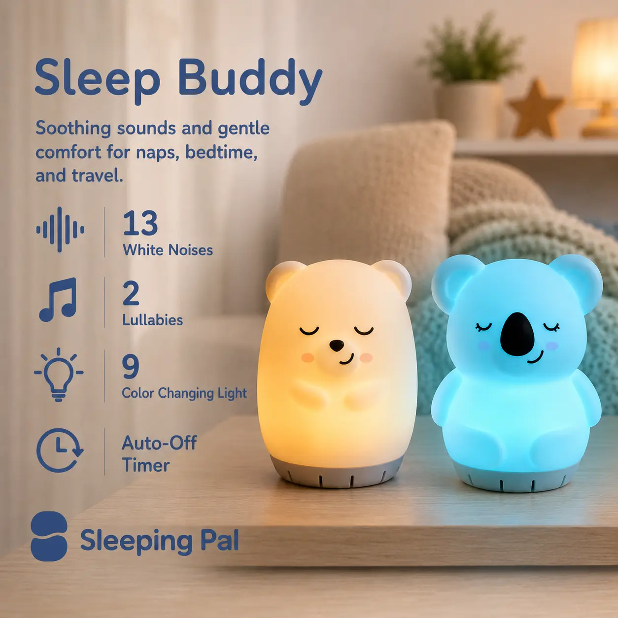 SleepingPal Sleep Buddy Baby Comforter Sleep Aid - BPA-Free Silicone, Animal Shapes (Koala & Bear), White Noise, Color Changing Light, Lullabies, Record Voice Feature for Infants, Sleep Aids, Babies And Toddlers