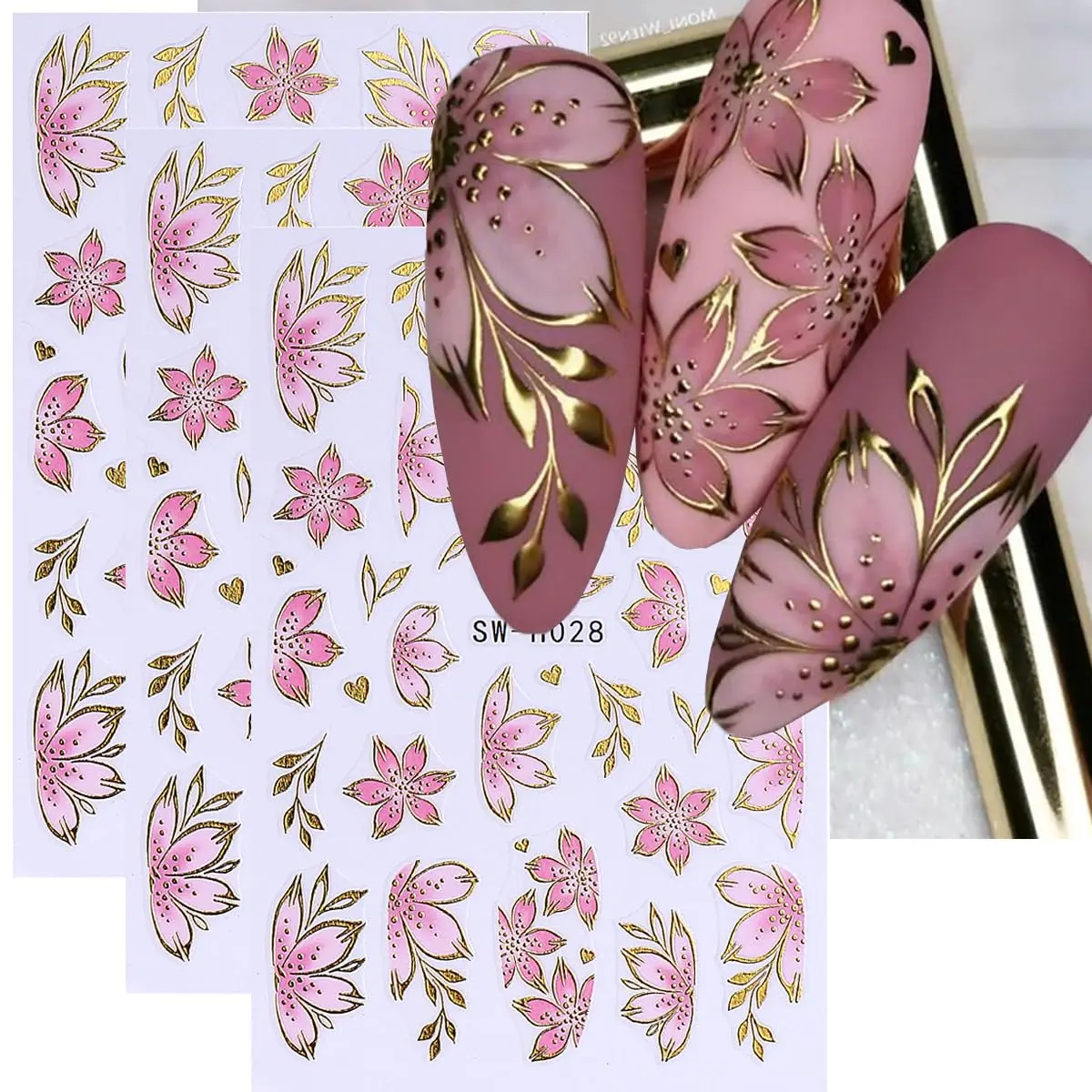 3D Flower Nail Art Stickers 6PCS | Pink & Purple Floral Decals with Gold Edge | Self-Adhesive Summer Manicure Nail Decorations for Women