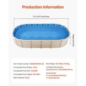 VEVOR 12x 24 ft Oval Pool Liner, Overlap Style Above Ground Pool Liners, 48-to-54inch Wall Height, Durable Pool Liner, Standard Gauge Vinyl, for Steel Sided Above-Ground Swimming Pools