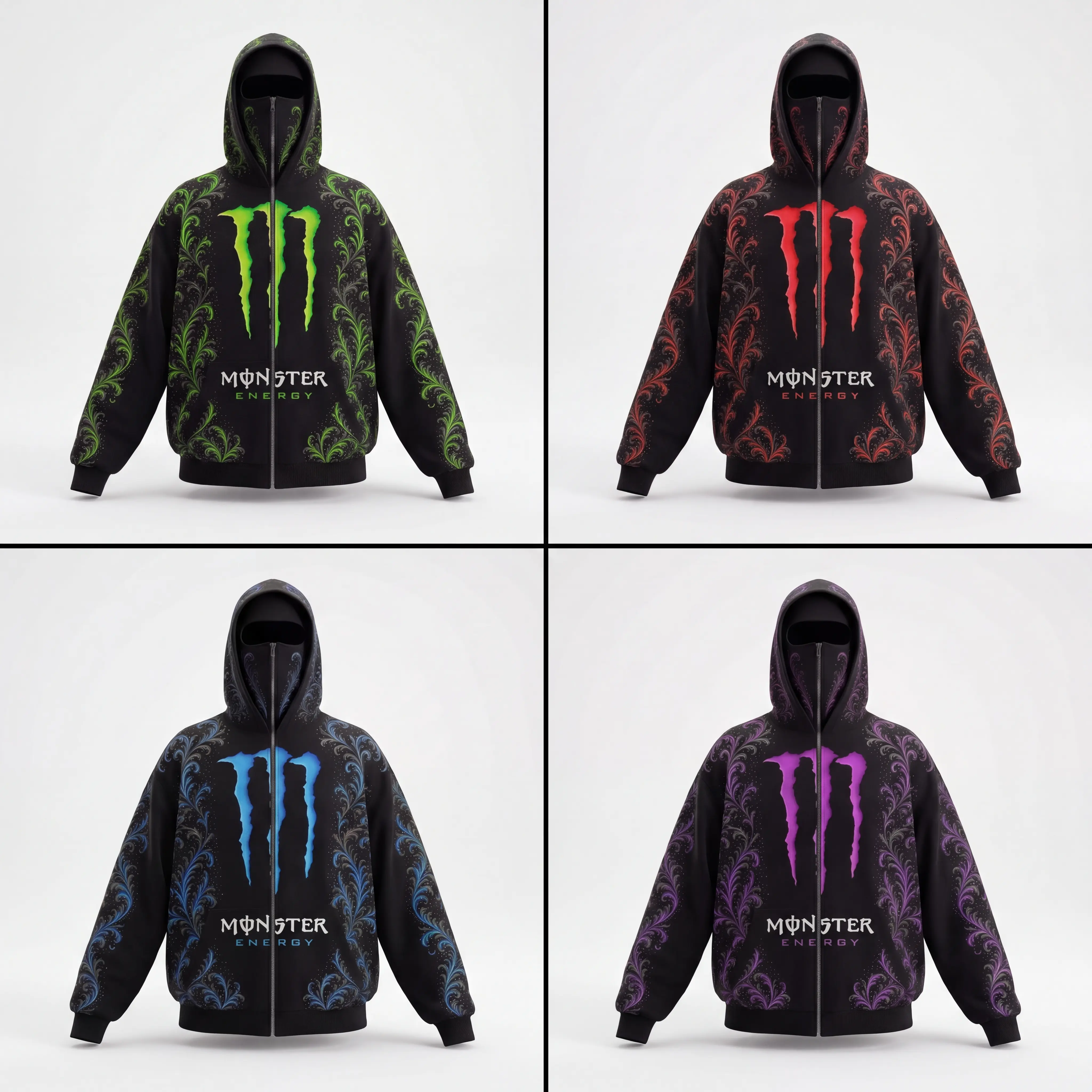 Energy Drink Graphic Full Zip Balaclava Hoodie, Barbed Wire Scrollwork Print Zip Up Sweatshirt, Otaku Streetwear Activewear Pullover