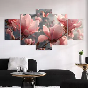 Magnolia & Butterfly Pattern Canvas Unframed Painting, 5 Counts/set Modern Art Poster, Wall Art Decor for Home Living Room Bedroom Office, Ornaments