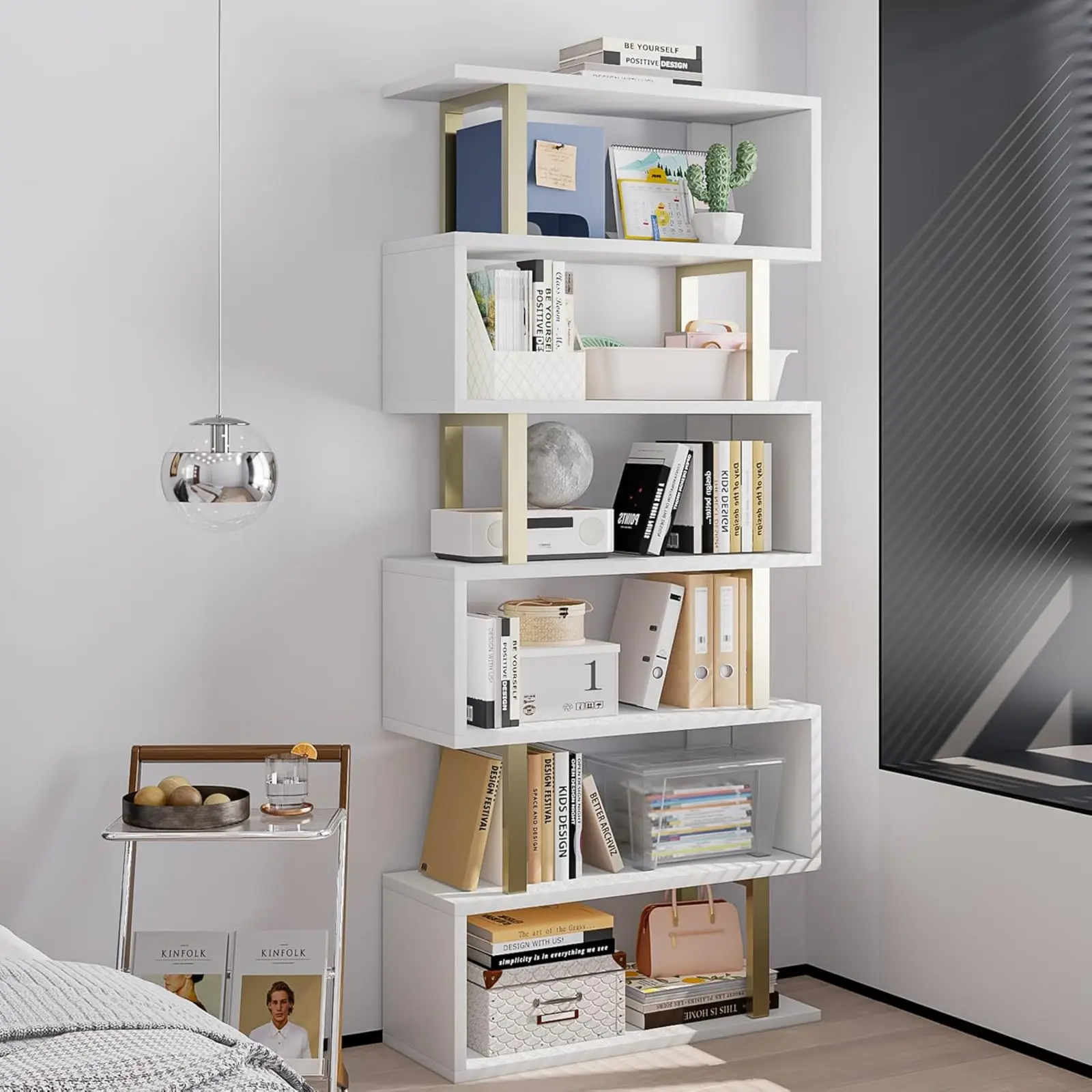 INGIORDAR Versatile Geometric Bookshelf Collection Choose from 4-Layer, 5-Layer, or 6-Layer S-Shaped Industrial Style Storage & Display Shelves for Your Living Room, Bedroom, or Office - Functional, Stylish, and Perfect for Organizing Your Space