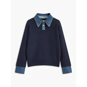 Elegant 2 in 1 Panel Lapel Sweater for Women Long Sleeve Casual Fitted Medium Length Autumn Clothing Navy with Denim Accents New Styles
