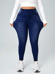 Women's Plus Size Trendy Skinny Jeans, Elastic Comfortable Knit Denim Jeans, Soft Daily Wear, Button Fly, Fitted, All Seasons