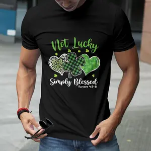 St. Patrick's Day T-shirt - "Not lucky, but blessed," featuring shamrock and leopard print patterns. Casual crew neck short-sleeved T-shirt, suitable for all seasons, comfortable and versatile, festive green design | Fun graphic T-shirts