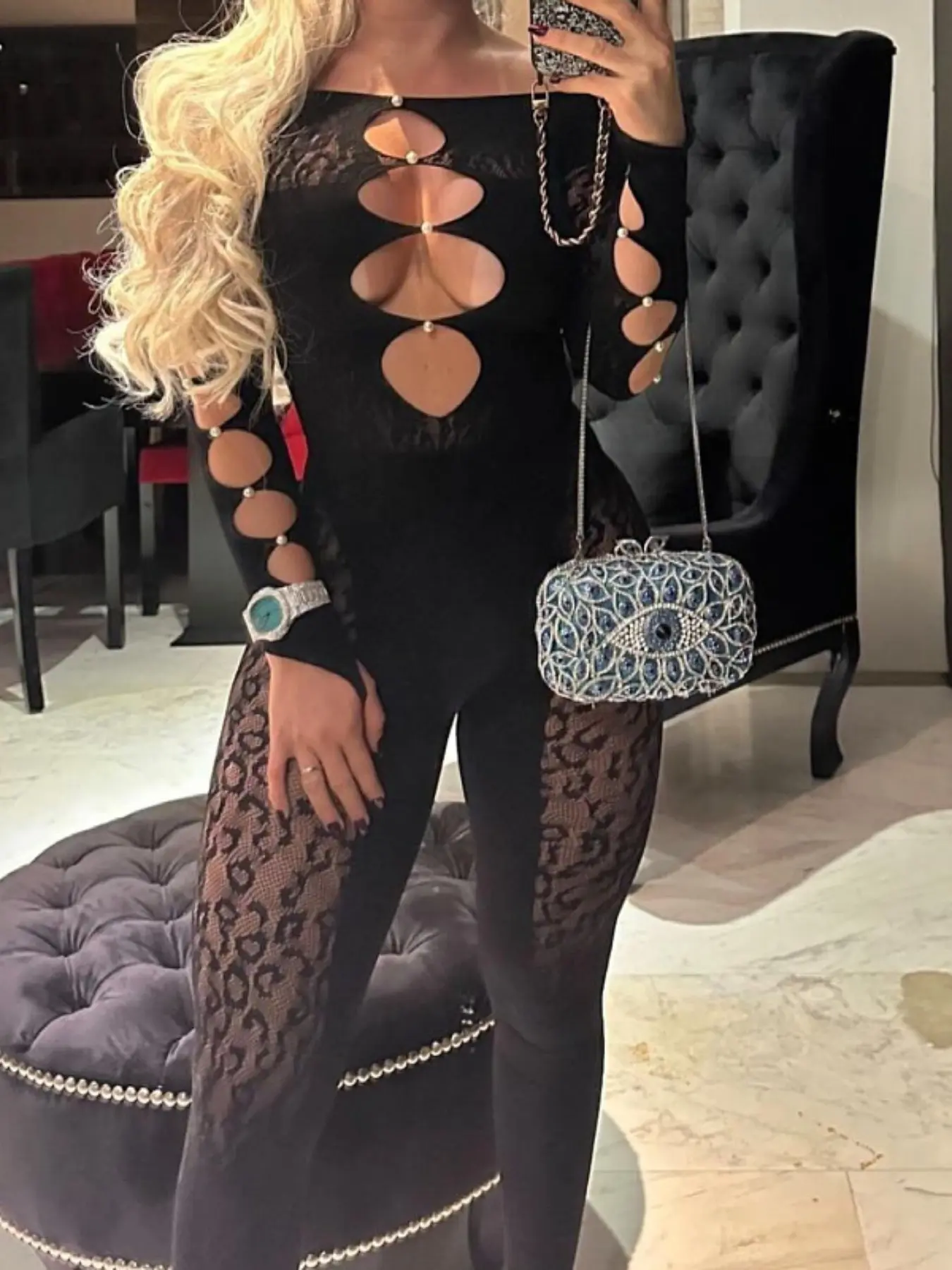 Sexy Women's off Shoulder Pearl Cutout Leopard Print Lace Long Sleeve Fitted Bodycon Jumpsuit, Sheer for Club, Date Night & Evening, Plain Style