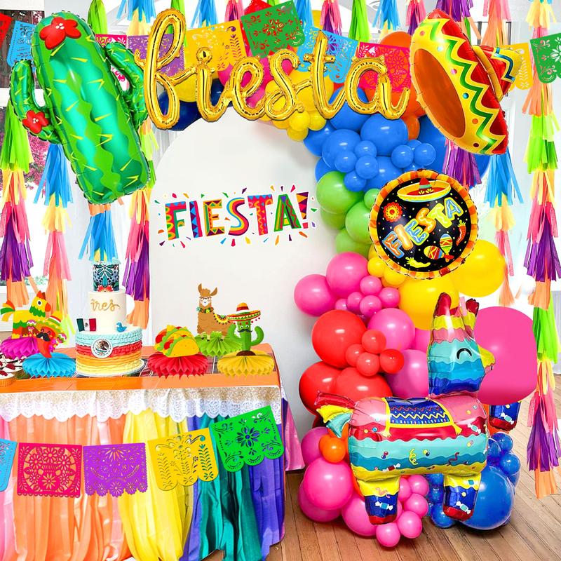 135pcs Fiesta Party Decorations，Mexican Party Decorations, Plastic Papel Picado Banner Cinco de Mayo Decor Day of the Dead Decorations，Fiesta Mexican Party Table Decoration Centerpiece，Taco Llama Cactus Balloons，Paper Streamer for Dia De Los Muertos