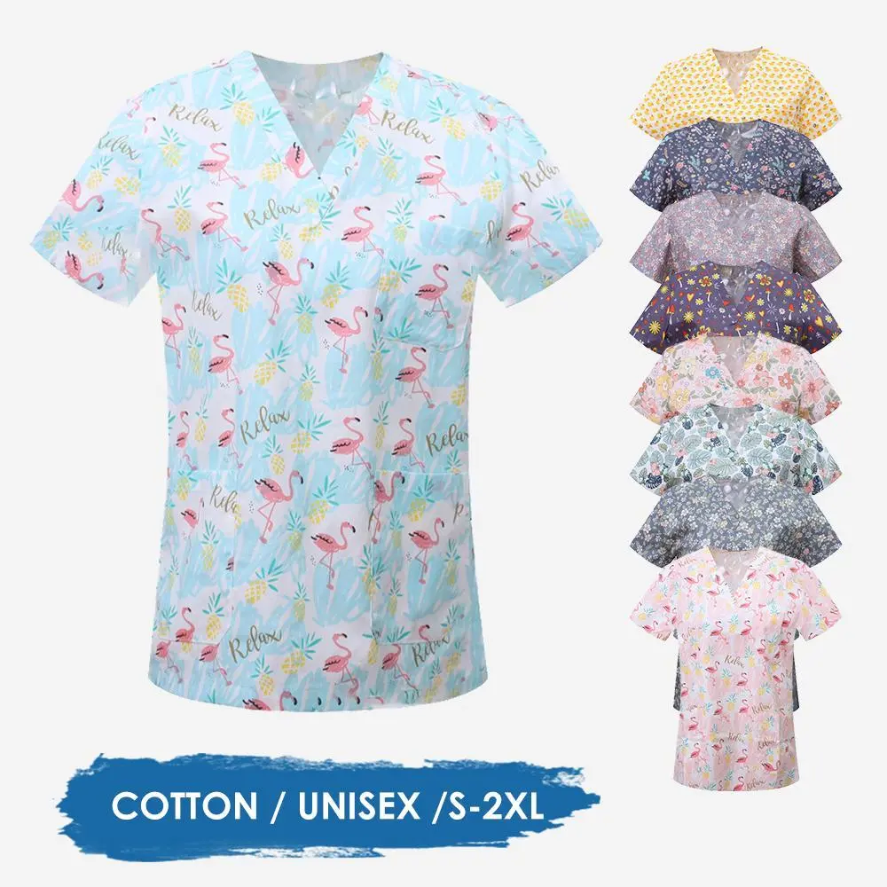 Lady's Fitted Medical Workwear, Cute Animal Print & Flower Print V-Neck Short-Sleeve Patch Pocket Clinical Scrub Tops, Clothes, Flowers